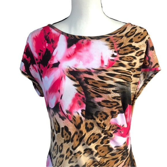 Cache Pink Floral Animal Print Gathered Waist Midi Sheath Dress Size 12 - Picture 2 of 7